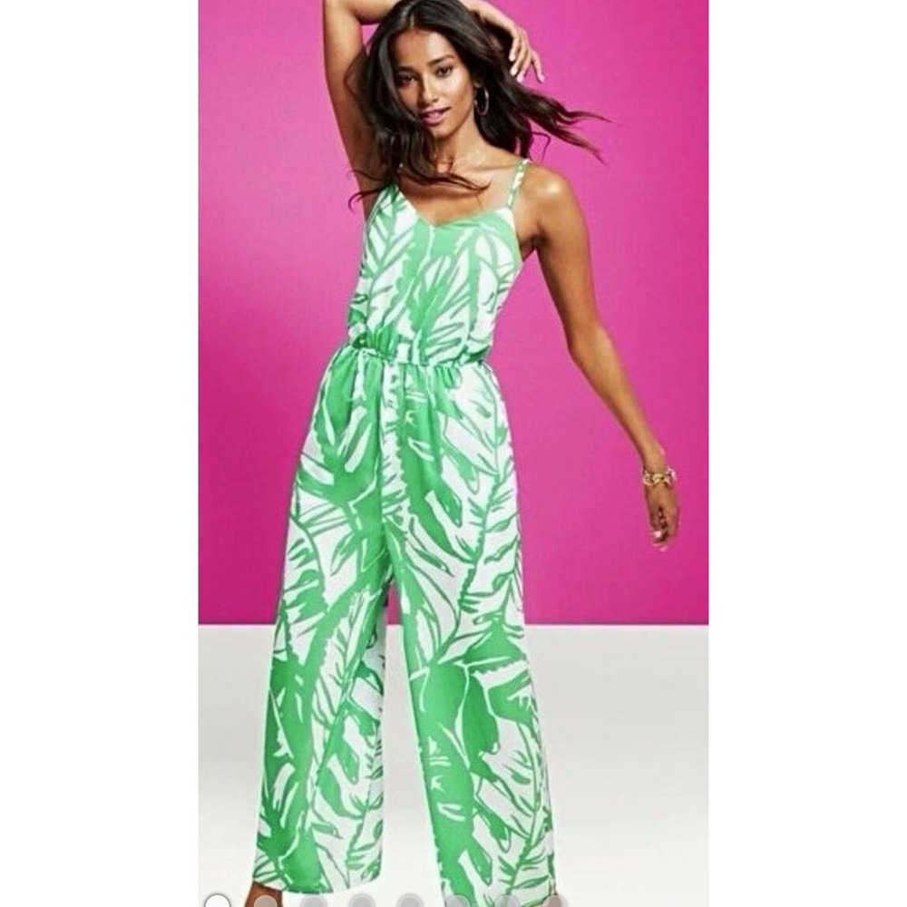 Women's Sz L Lilly Pulitzer Boom Boom Green Palm Leaf Print Jumpsuit